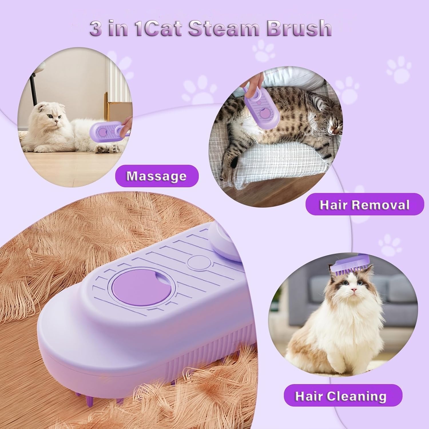 3-in-1 Cat & Dog Steam Brush with Foldable Handle